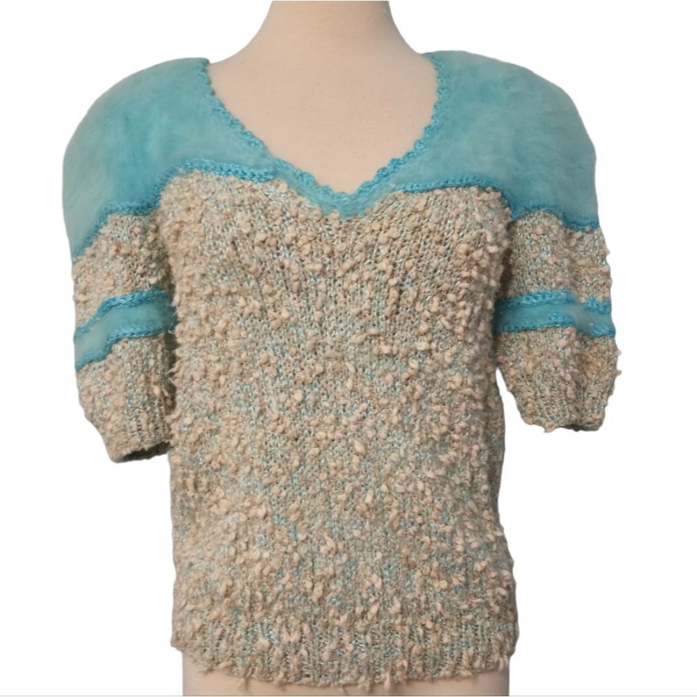 Vintage Speckled Fairisle Knit Sweater Colorblock Shoulder Pads Small Pastel Blu
